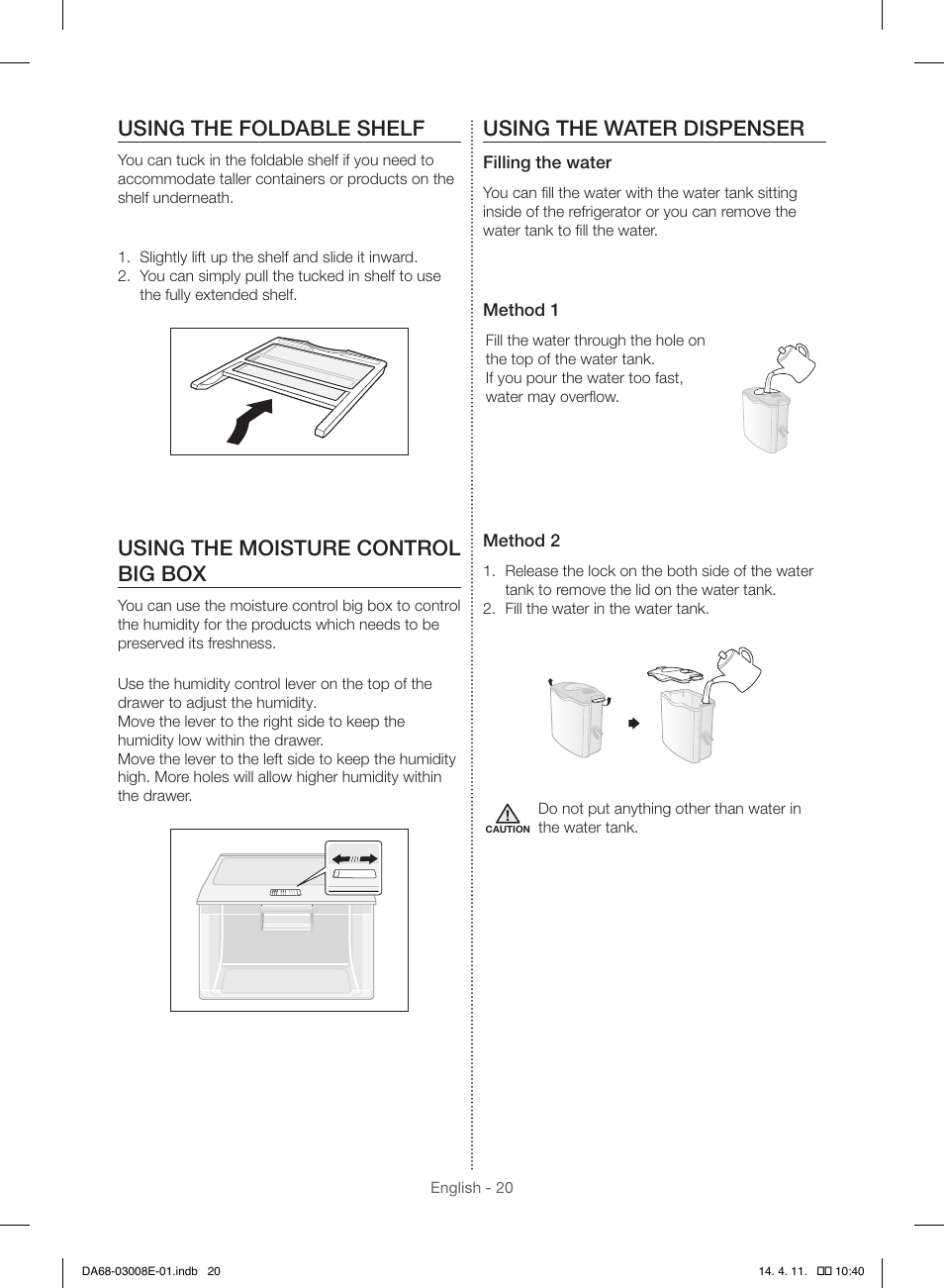 Using the foldable shelf, Using the moisture control big box, Using the water dispenser | Samsung RR35H6000SS User Manual | Page 20 / 132
