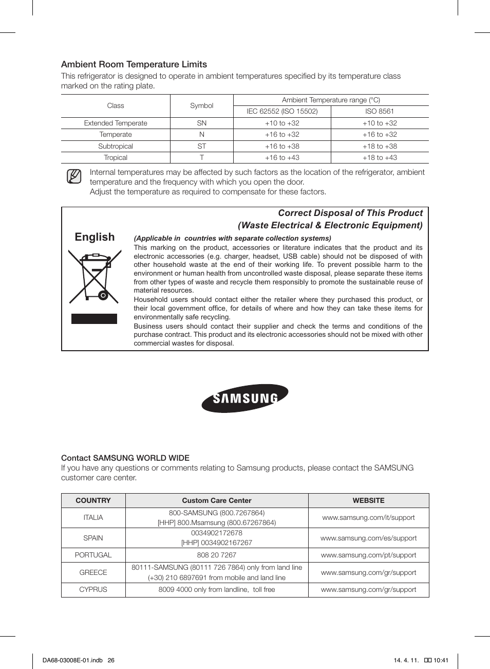 English, Ambient room temperature limits | Samsung RR35H6000SS User Manual | Page 26 / 132