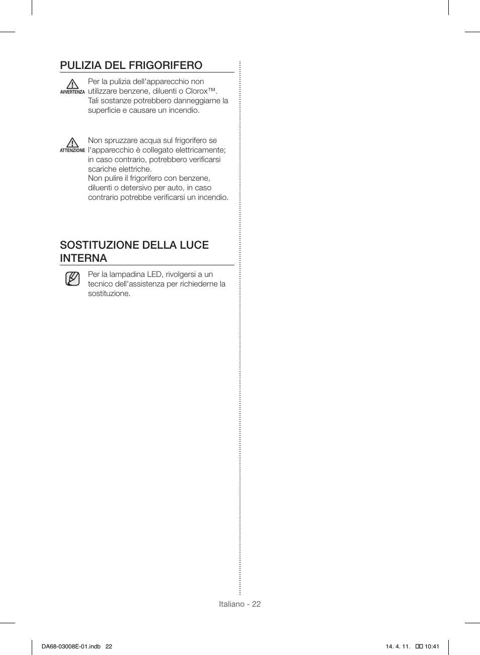Pulizia del frigorifero, Sostituzione della luce interna | Samsung RR35H6000SS User Manual | Page 48 / 132