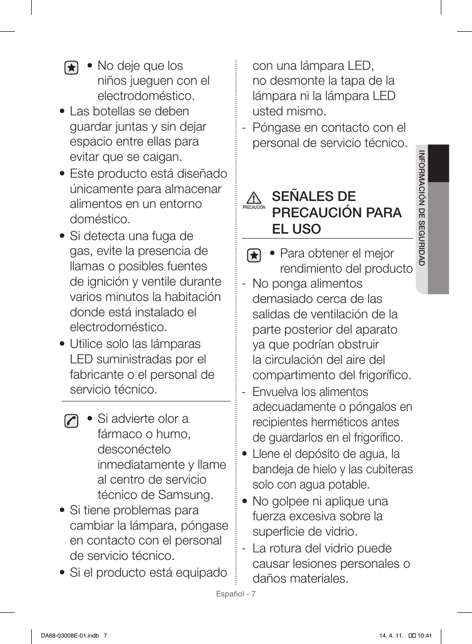 Señales de precaución para el uso | Samsung RR35H6000SS User Manual | Page 59 / 132
