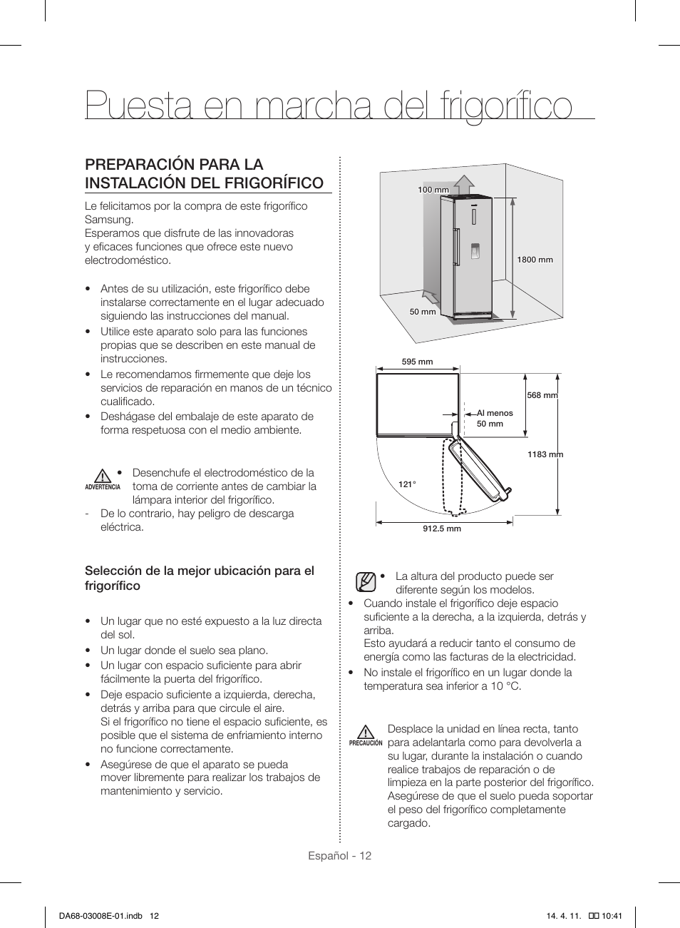 Puesta en marcha del frigorífico, Preparación para la instalación del frigorífico | Samsung RR35H6000SS User Manual | Page 64 / 132