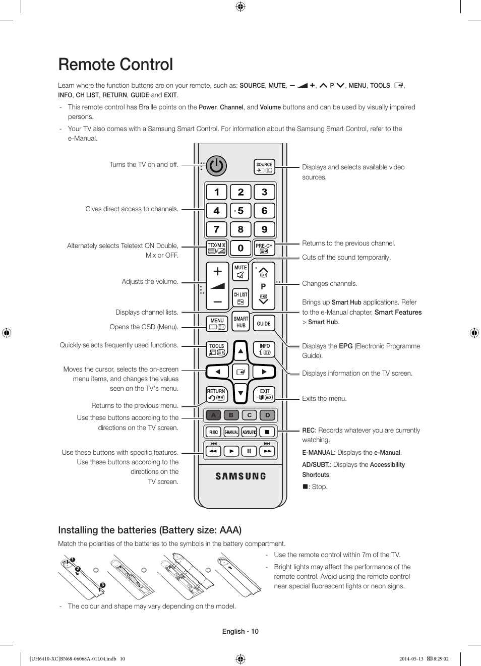 Remote control, Installing the batteries (battery size: aaa) | Samsung UE40H6410SS User Manual | Page 10 / 89