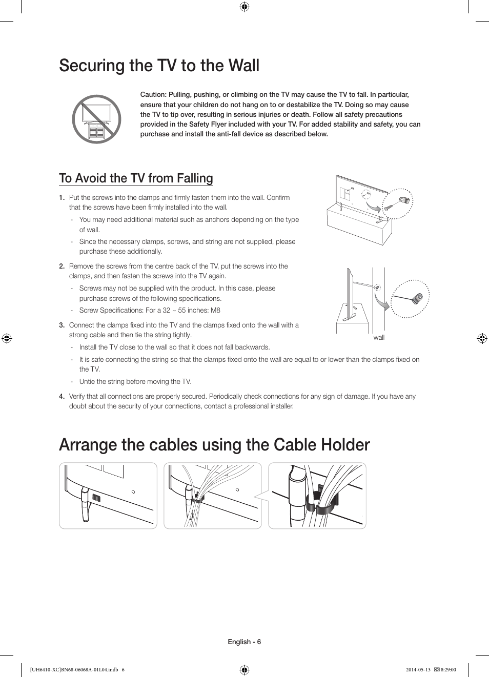 Securing the tv to the wall, Arrange the cables using the cable holder | Samsung UE40H6410SS User Manual | Page 6 / 89