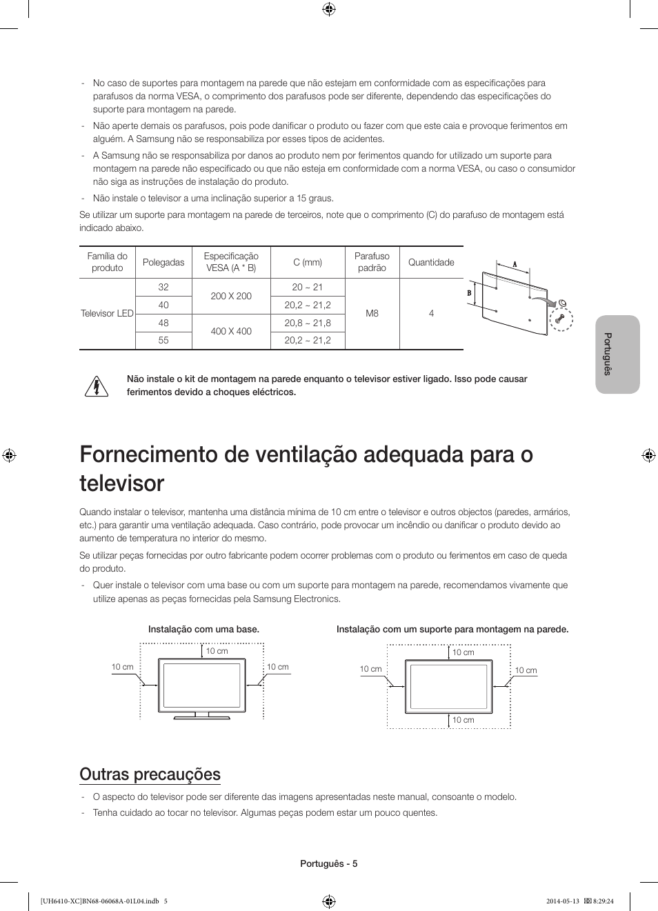 Outras precauções | Samsung UE40H6410SS User Manual | Page 71 / 89