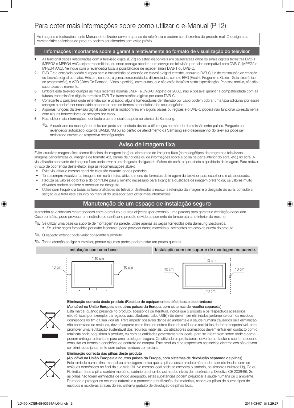 Aviso de imagem fixa, Manutenção de um espaço de instalação seguro | Samsung LE22D450G1W User Manual | Page 50 / 65