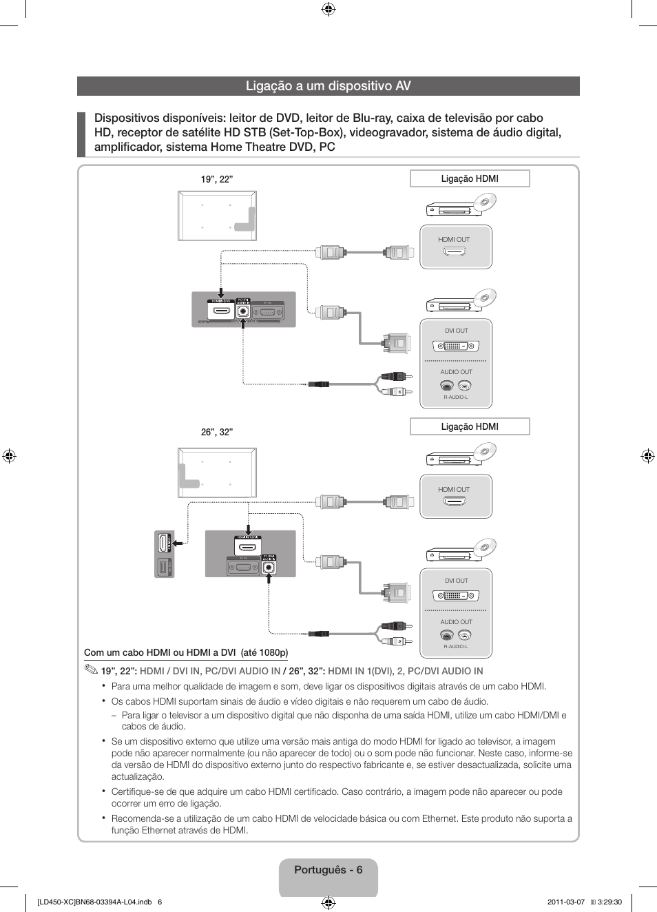 Ligação a um dispositivo av | Samsung LE22D450G1W User Manual | Page 54 / 65