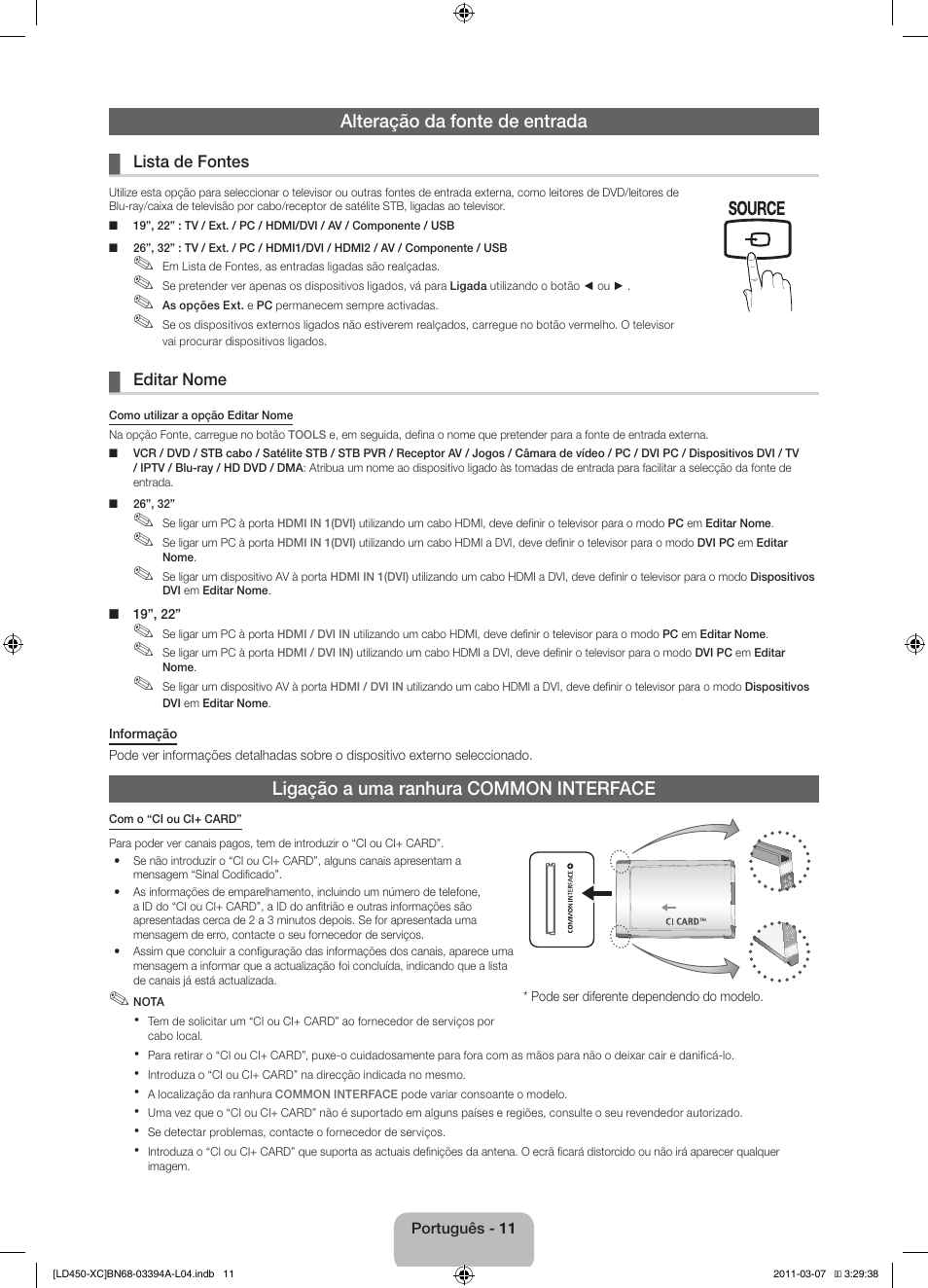 Alteração da fonte de entrada, Ligação a uma ranhura common interface | Samsung LE22D450G1W User Manual | Page 59 / 65