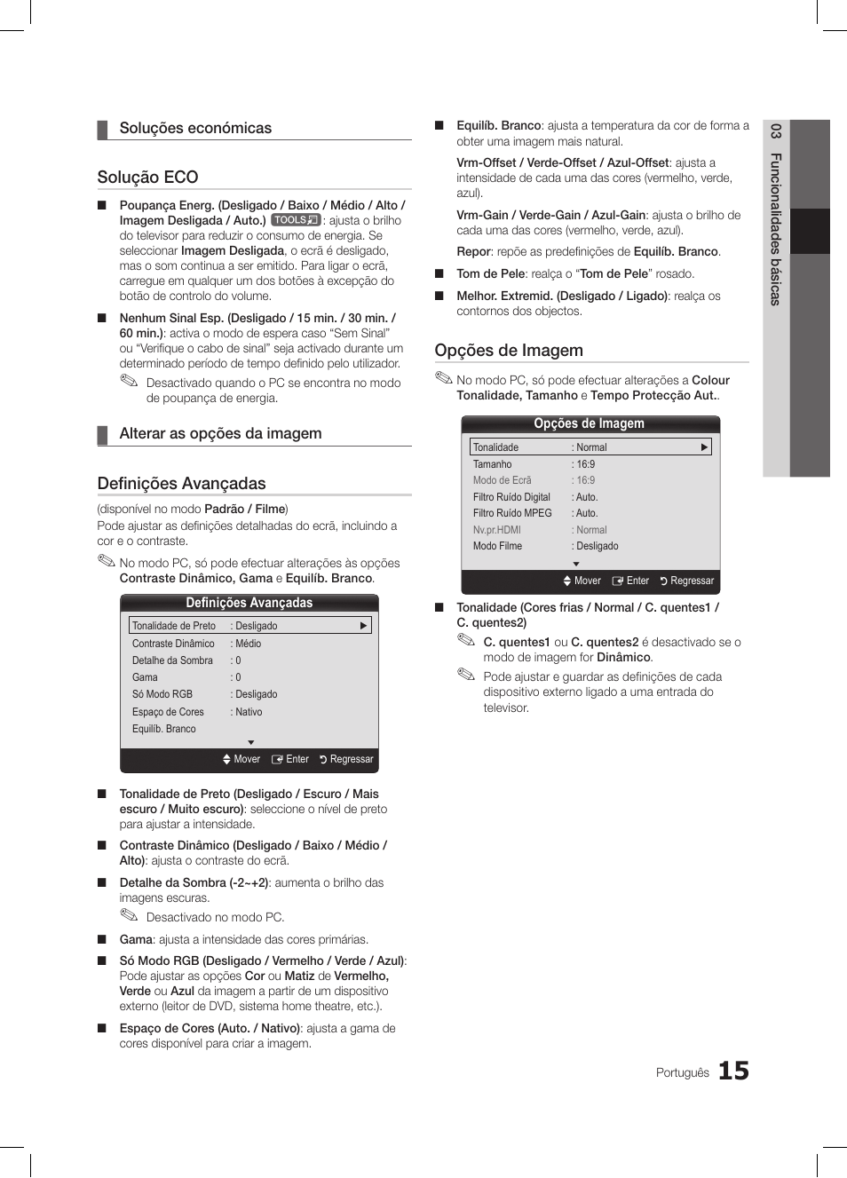 Solução eco, Definições avançadas, Opções de imagem | Samsung LE19C350D1W User Manual | Page 114 / 200