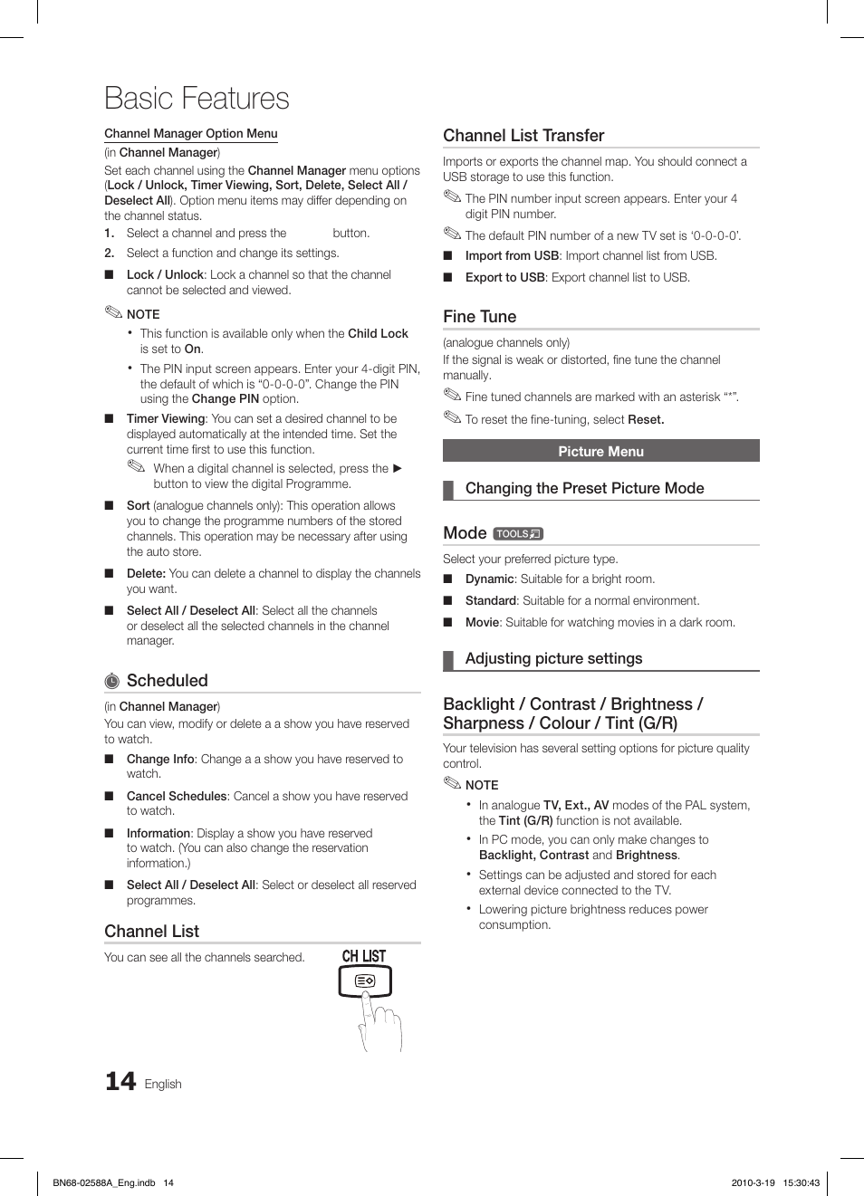 Basic features, Fav.ch p.mode dual mts | Samsung LE19C350D1W User Manual | Page 14 / 200