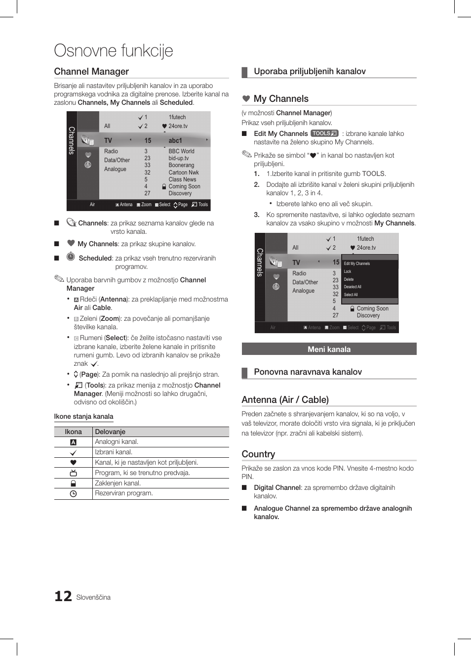 Osnovne funkcije, Channel manager, My channels | Antenna (air / cable), Country | Samsung LE19C350D1W User Manual | Page 144 / 200