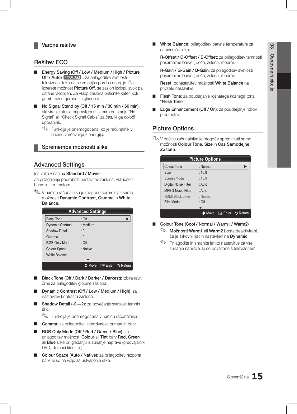 Rešitev eco, Advanced settings, Picture options | Samsung LE19C350D1W User Manual | Page 147 / 200