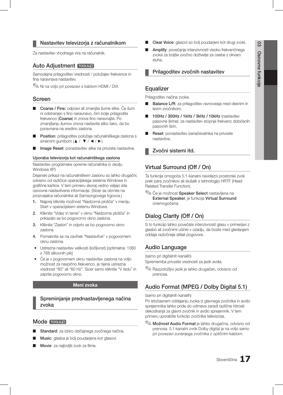 Auto adjustment, Screen, Mode | Equalizer, Virtual surround (off / on), Dialog clarity (off / on), Audio language, Audio format (mpeg / dolby digital 5.1) | Samsung LE19C350D1W User Manual | Page 149 / 200