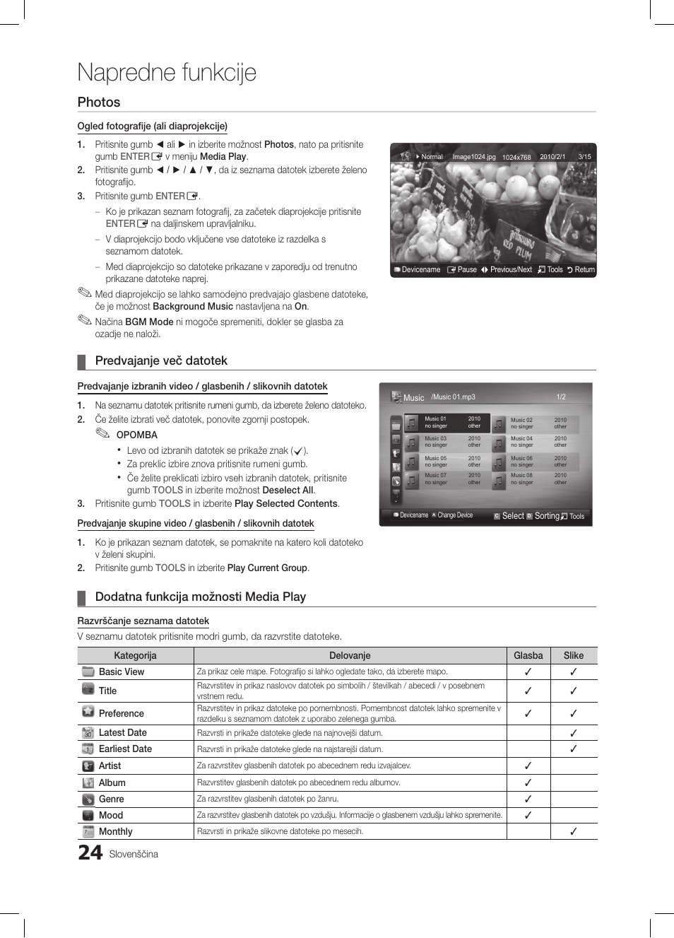 Napredne funkcije, Photos, Predvajanje več datotek | Dodatna funkcija možnosti media play | Samsung LE19C350D1W User Manual | Page 156 / 200