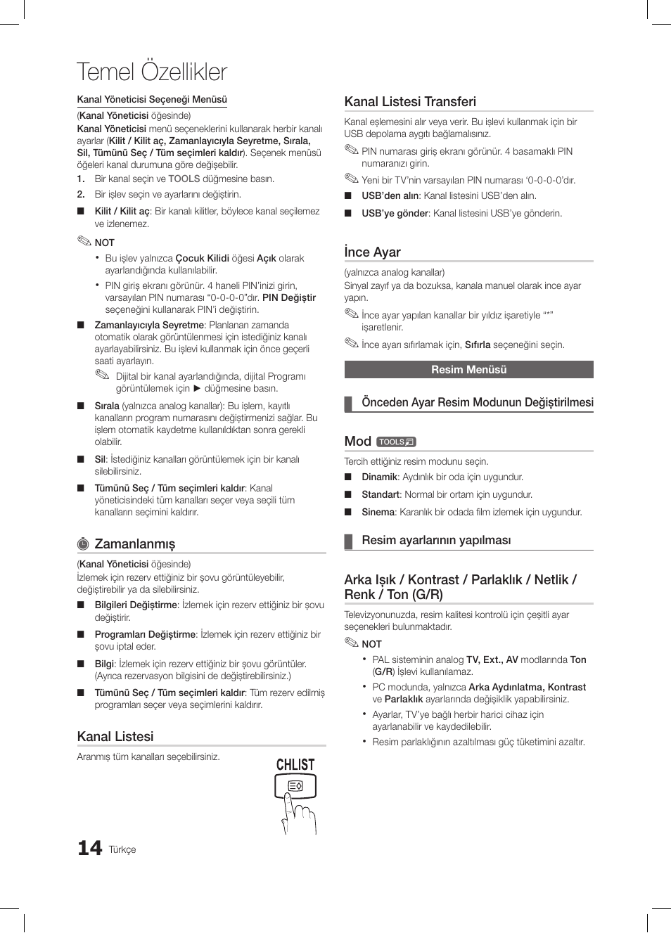 Temel özellikler | Samsung LE19C350D1W User Manual | Page 179 / 200