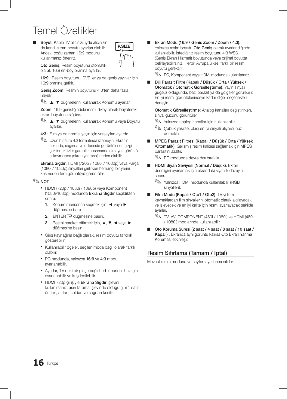Temel özellikler | Samsung LE19C350D1W User Manual | Page 181 / 200