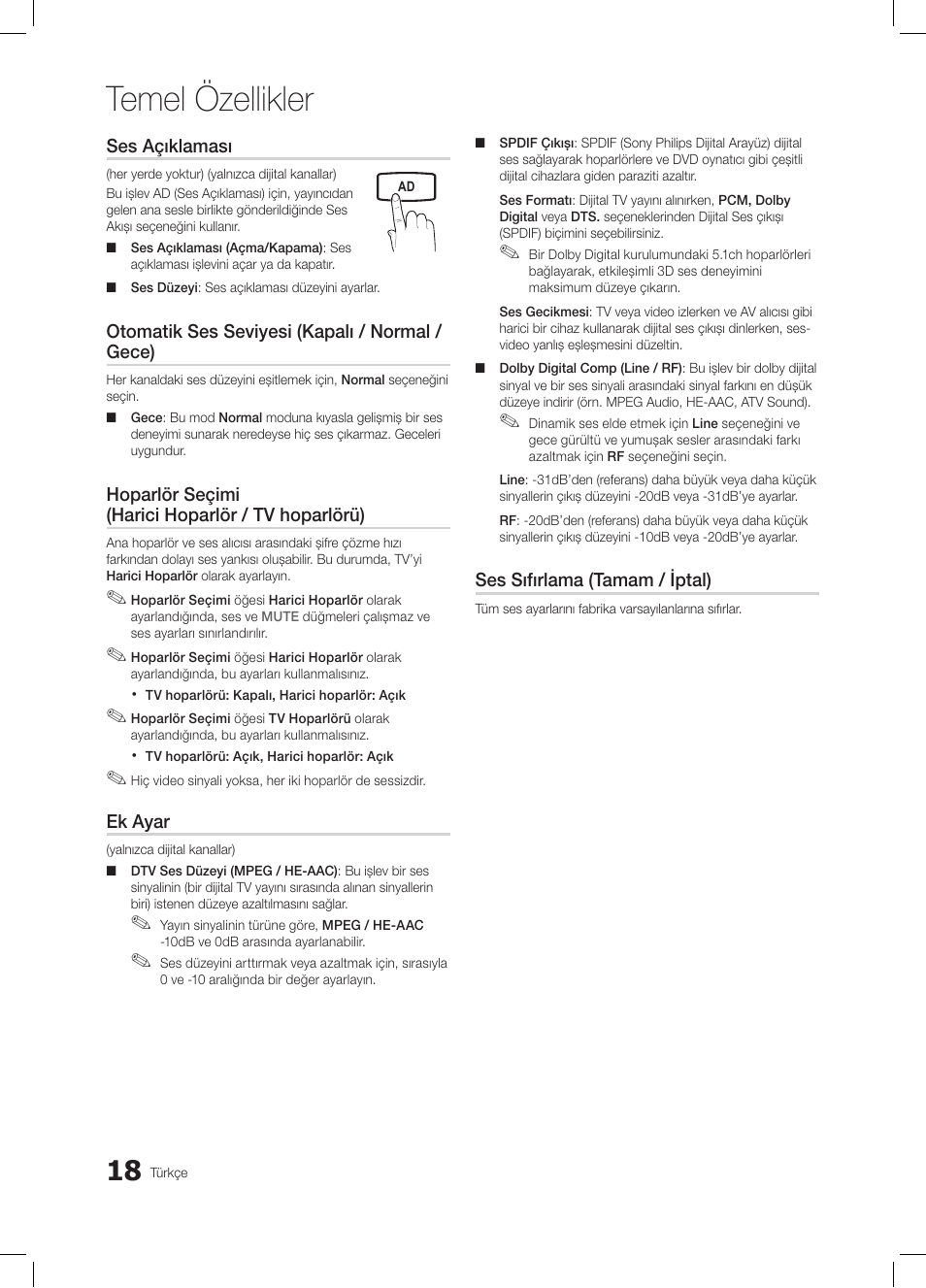 Temel özellikler | Samsung LE19C350D1W User Manual | Page 183 / 200