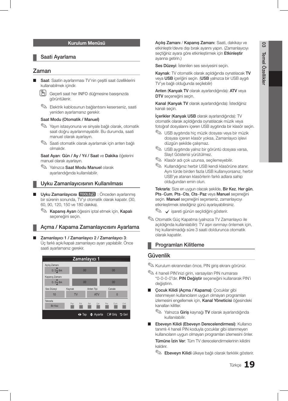 Zaman, Güvenlik | Samsung LE19C350D1W User Manual | Page 184 / 200