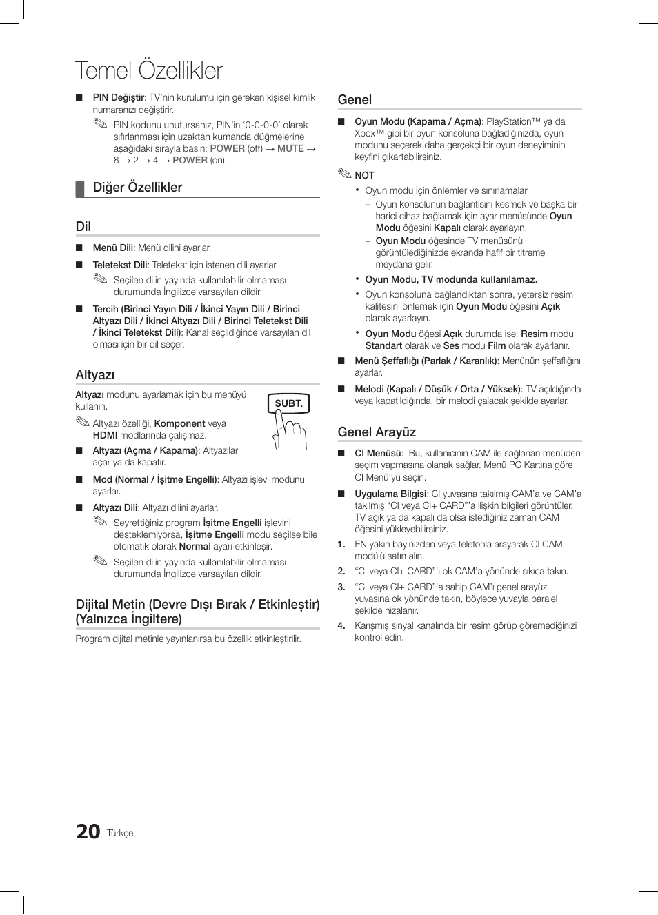 Temel özellikler | Samsung LE19C350D1W User Manual | Page 185 / 200