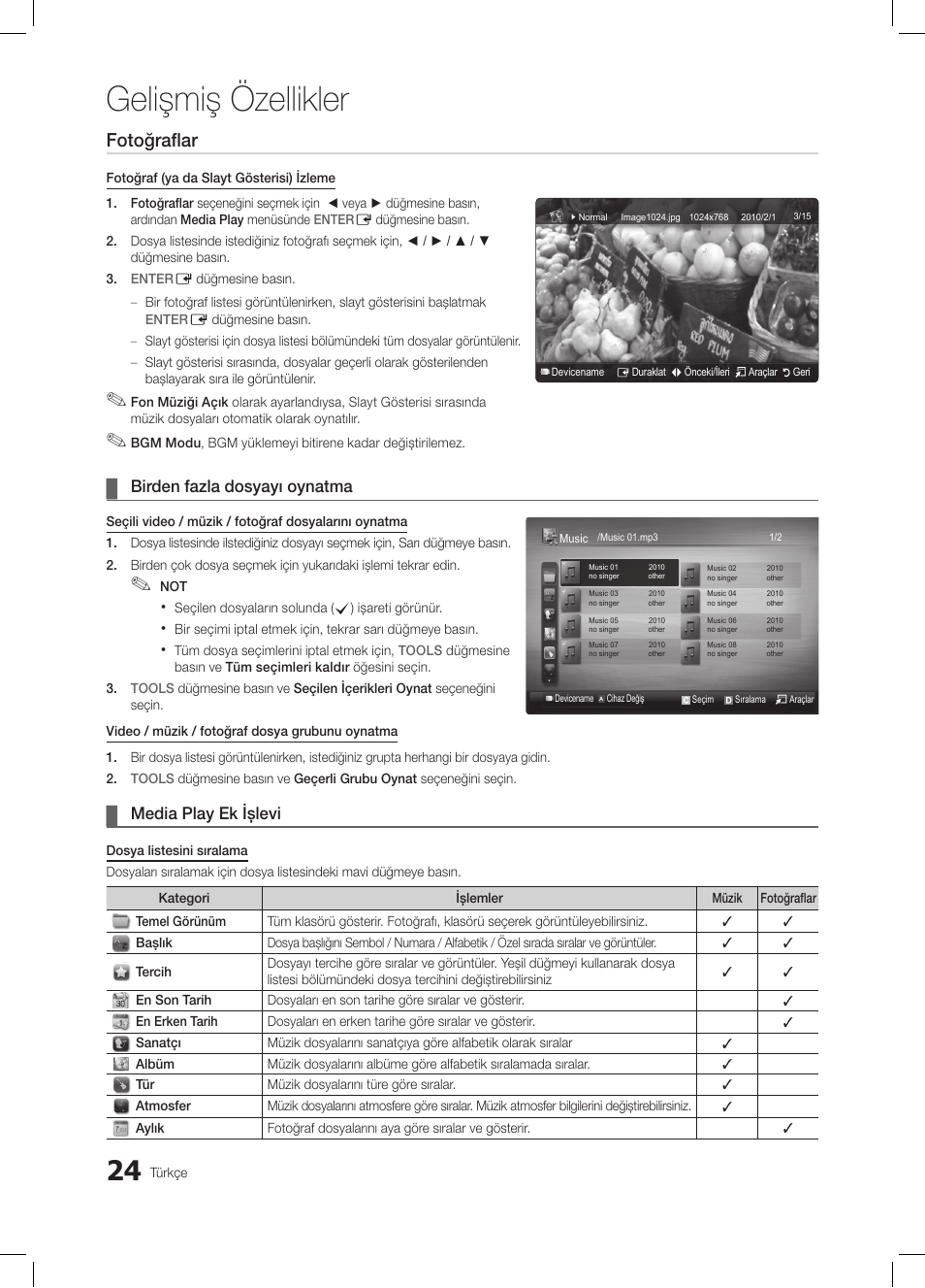Gelişmiş özellikler, Fotoğraflar, Birden fazla dosyayı oynatma | Media play ek işlevi | Samsung LE19C350D1W User Manual | Page 189 / 200
