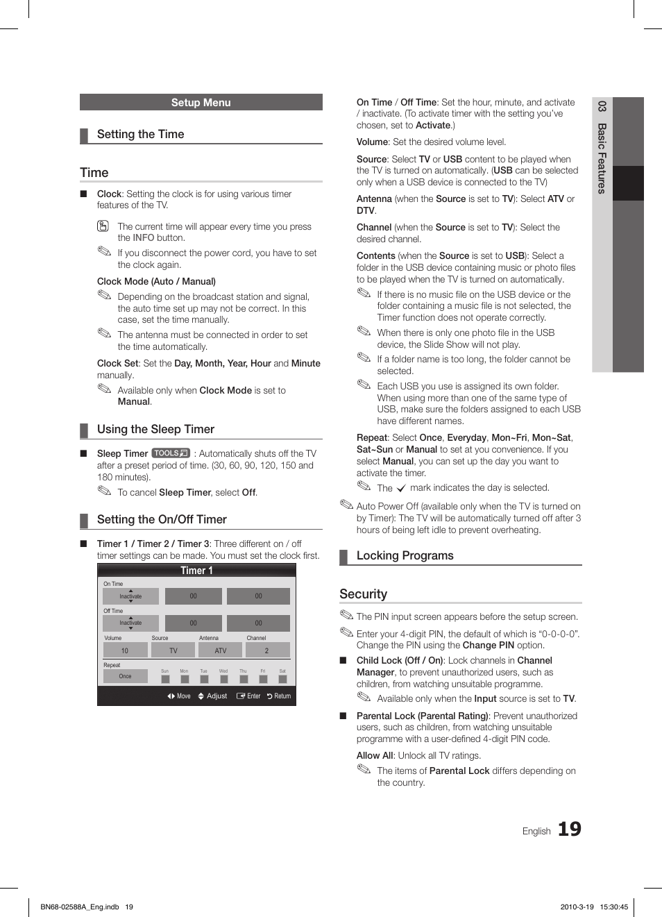 Time, Security | Samsung LE19C350D1W User Manual | Page 19 / 200