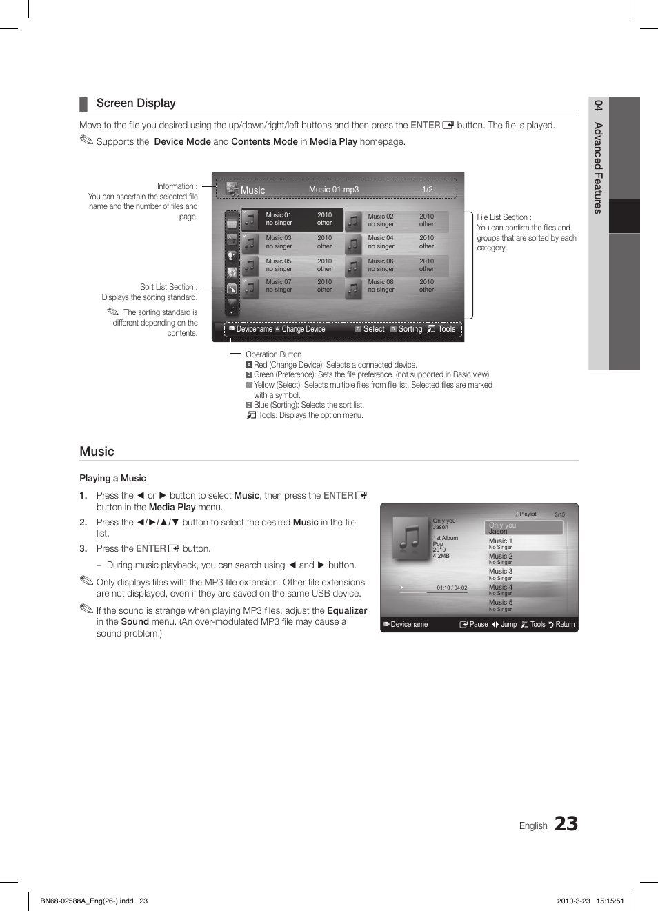 Music, Screen display | Samsung LE19C350D1W User Manual | Page 23 / 200