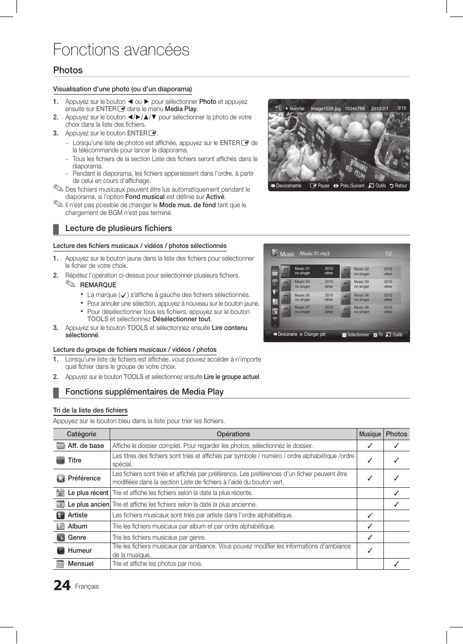 Fonctions avancées, Photos, Lecture de plusieurs fichiers | Fonctions supplémentaires de media play | Samsung LE19C350D1W User Manual | Page 57 / 200