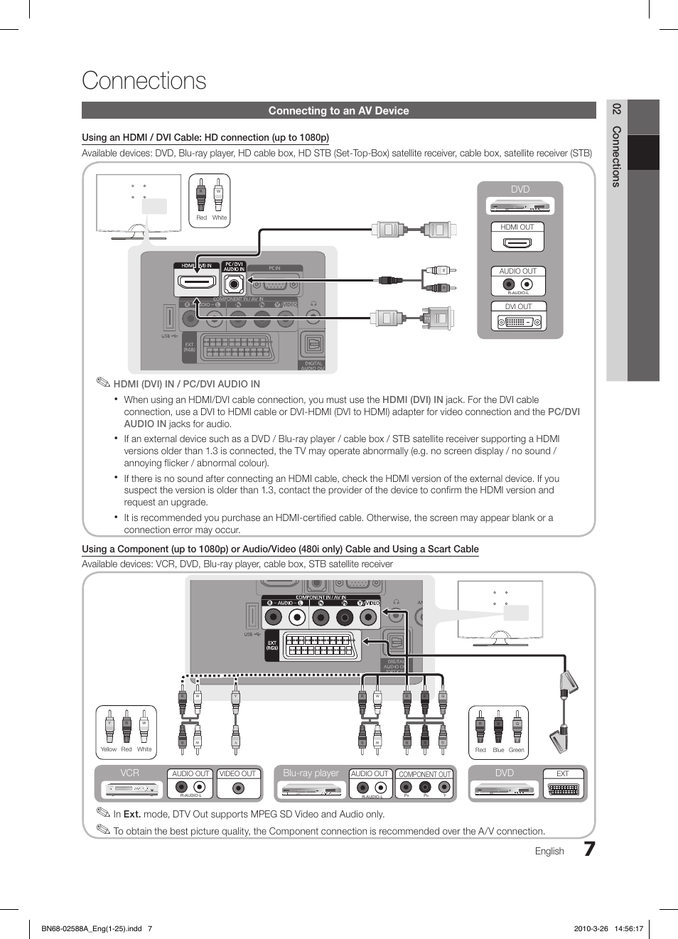 Connections, 02 connections, Connecting to an av device | English, Dvd blu-ray player dvd vcr | Samsung LE19C350D1W User Manual | Page 7 / 200