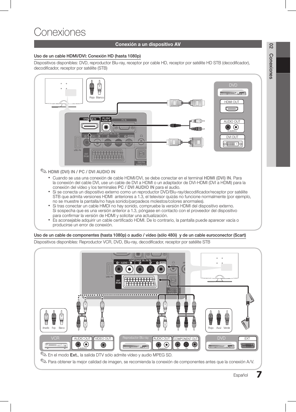 Conexiones, 02 conexiones, Conexión a un dispositivo av | Español, Dvd hdmi (dvi) in / pc / dvi audio in, Dvd vcr | Samsung LE19C350D1W User Manual | Page 73 / 200