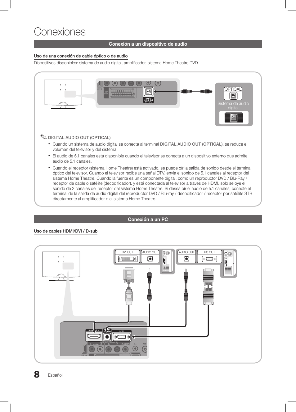 Conexiones, Conexión a un dispositivo de audio, Conexión a un pc | Español, Uso de cables hdmi/dvi / d-sub | Samsung LE19C350D1W User Manual | Page 74 / 200