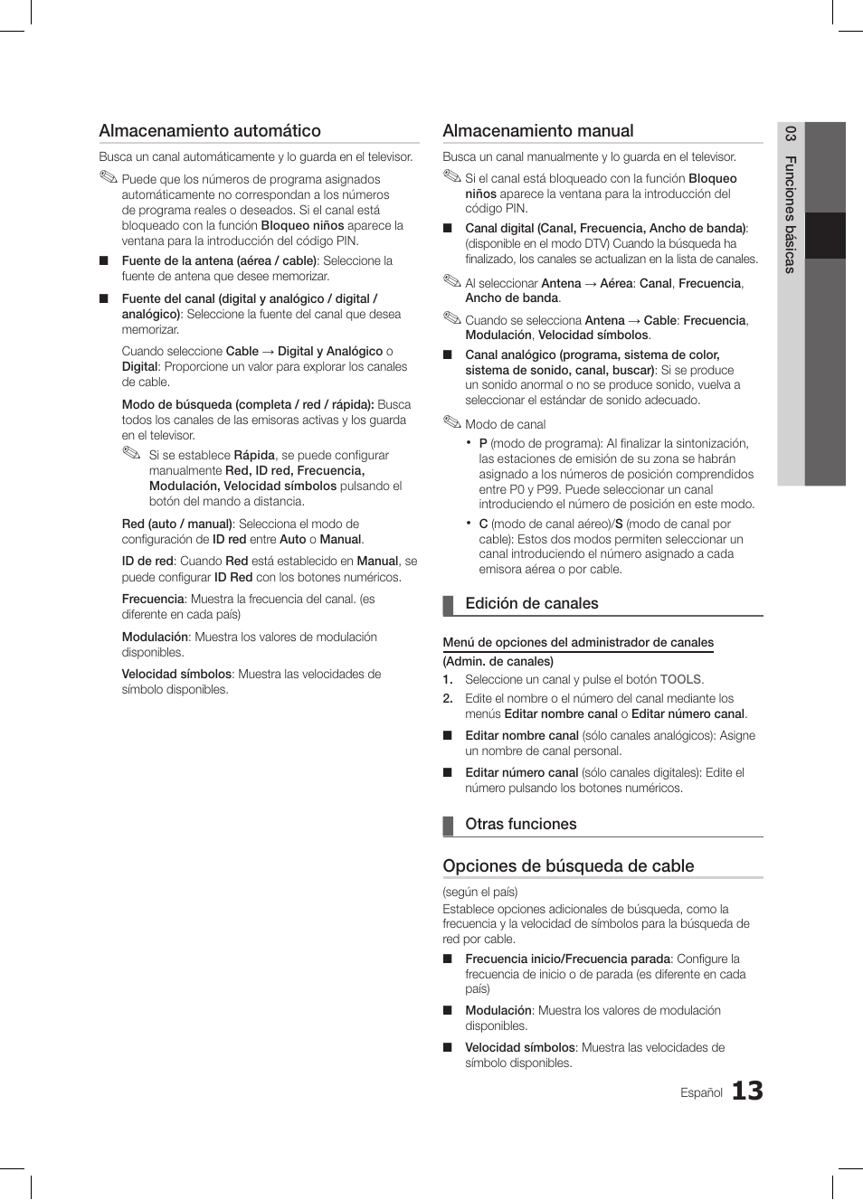Almacenamiento automático, Almacenamiento manual, Opciones de búsqueda de cable | Samsung LE19C350D1W User Manual | Page 79 / 200