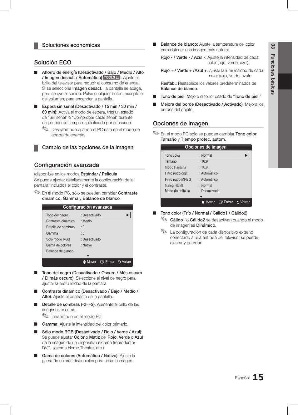 Solución eco, Configuración avanzada, Opciones de imagen | Samsung LE19C350D1W User Manual | Page 81 / 200