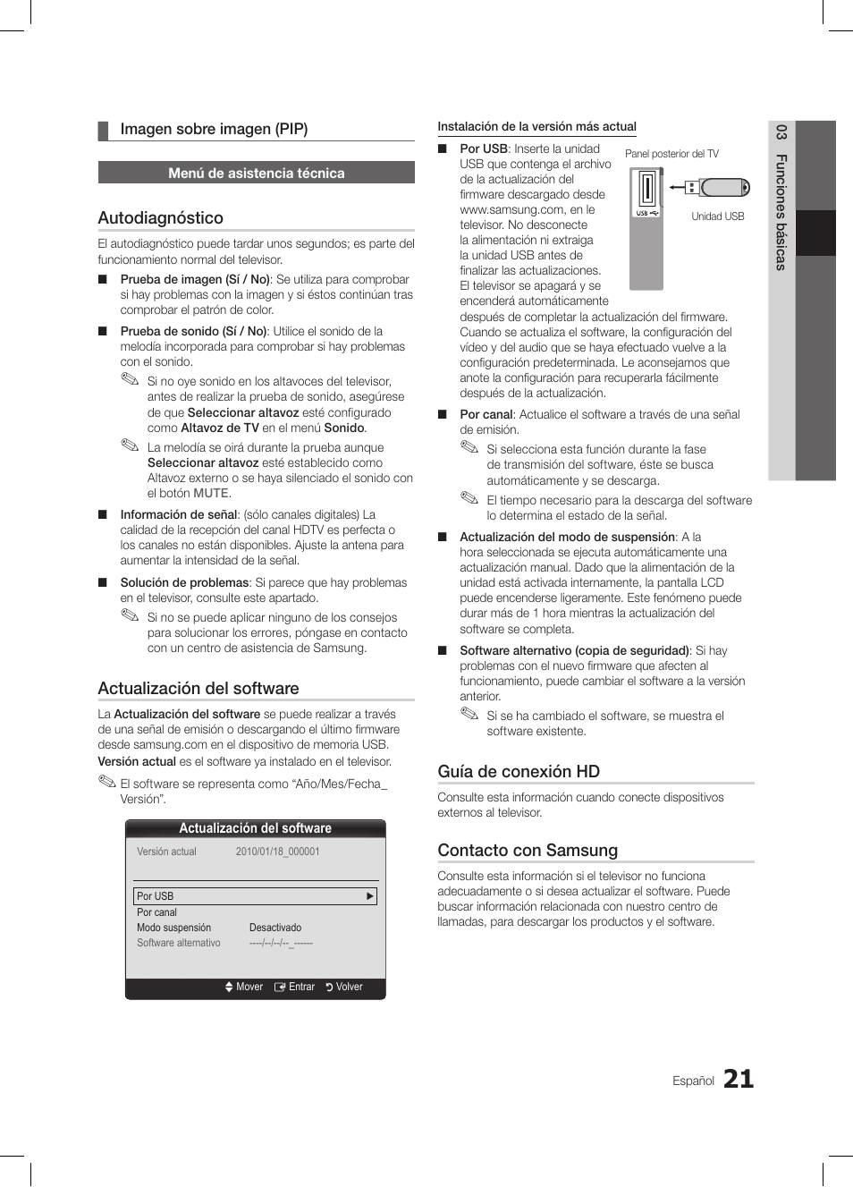 Autodiagnóstico, Actualización del software, Guía de conexión hd | Contacto con samsung | Samsung LE19C350D1W User Manual | Page 87 / 200