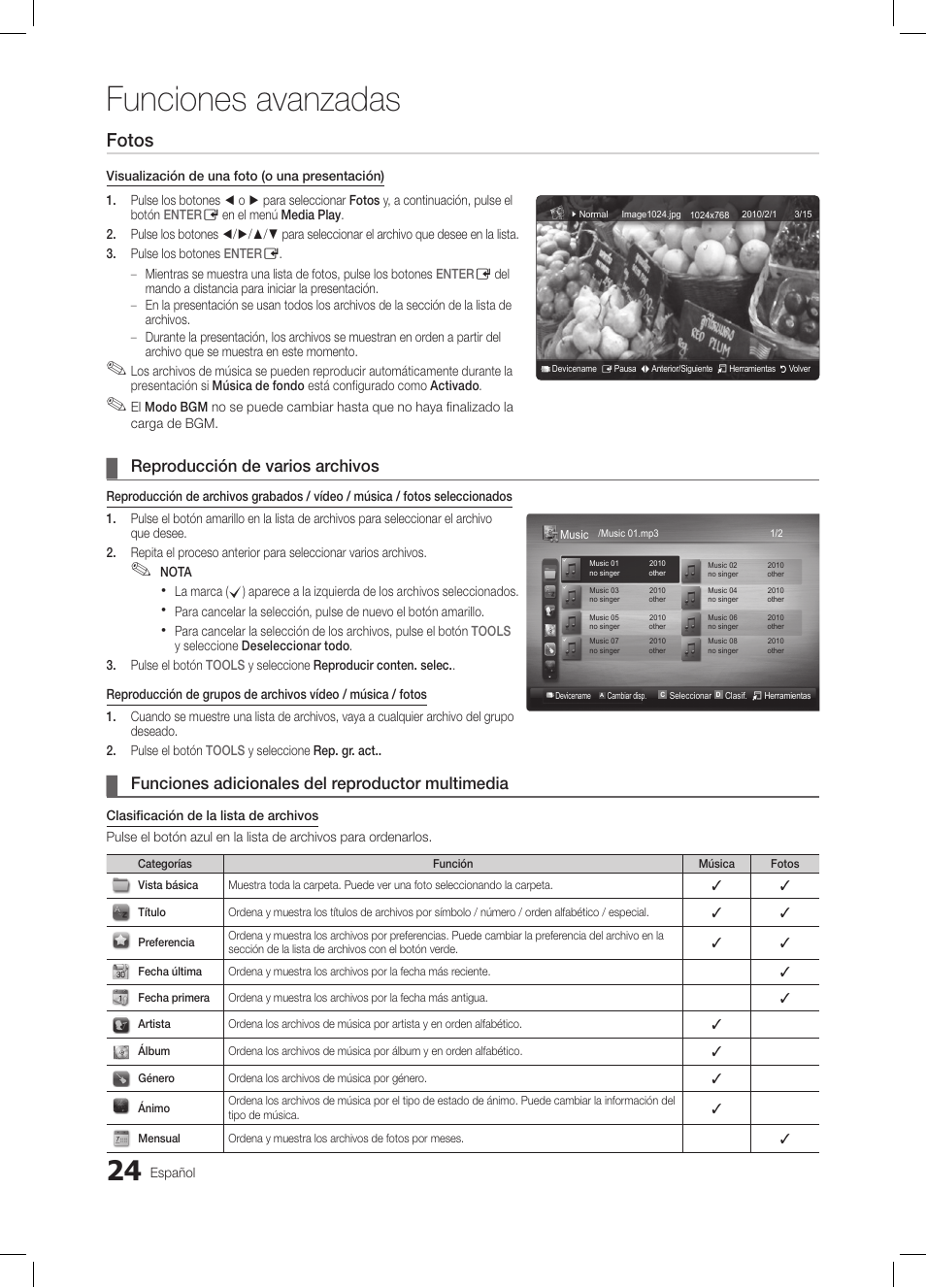 Funciones avanzadas, Fotos, Reproducción de varios archivos | Funciones adicionales del reproductor multimedia | Samsung LE19C350D1W User Manual | Page 90 / 200