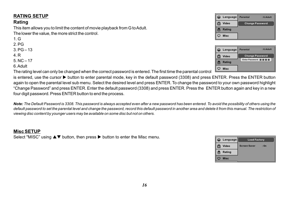 Rating setup rating, Misc setup | Audiovox VOD129 User Manual | Page 16 / 32