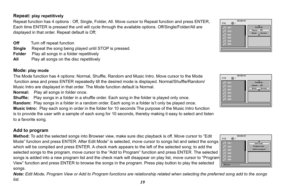 Repeat, Mode, Add to program | Audiovox VOD129 User Manual | Page 19 / 32