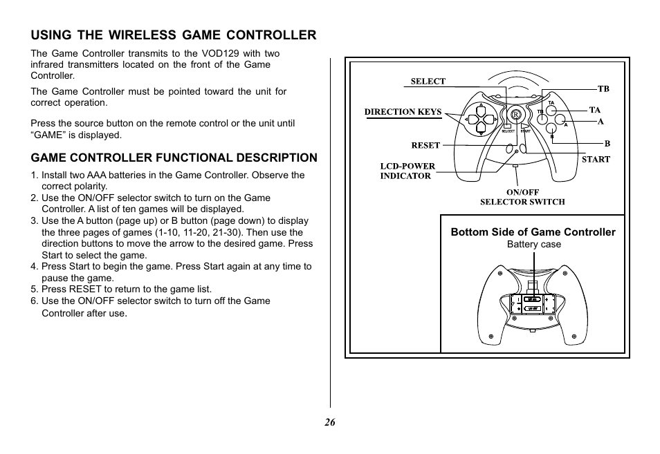 Using the wireless game controller | Audiovox VOD129 User Manual | Page 26 / 32