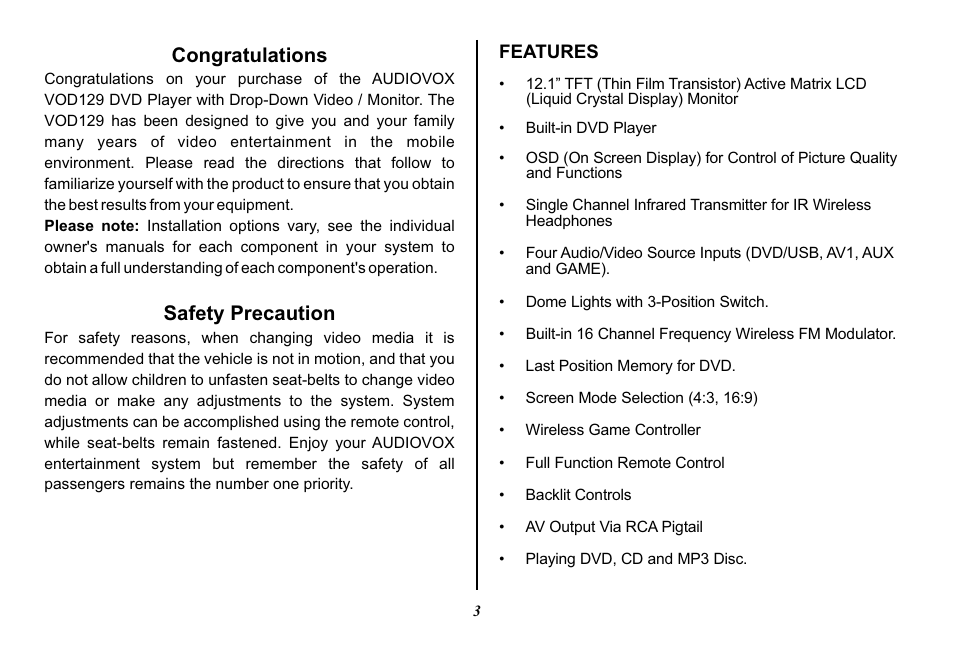 Safety precaution | Audiovox VOD129 User Manual | Page 3 / 32