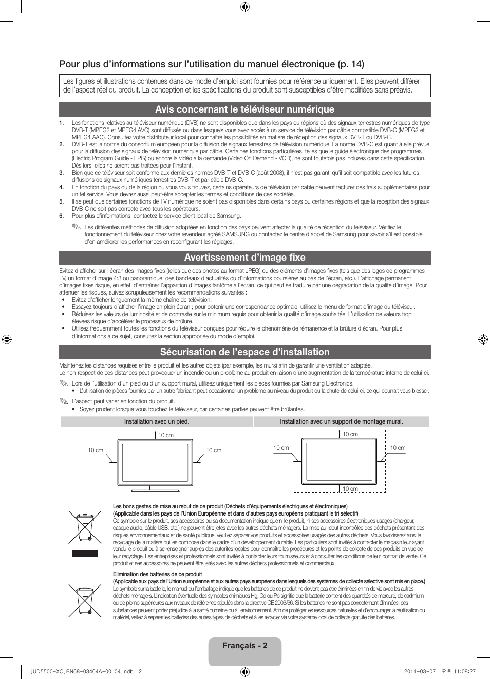 Avis concernant le téléviseur numérique, Avertissement d’image fixe, Sécurisation de l’espace d’installation | Samsung UE46D5500RW User Manual | Page 22 / 80
