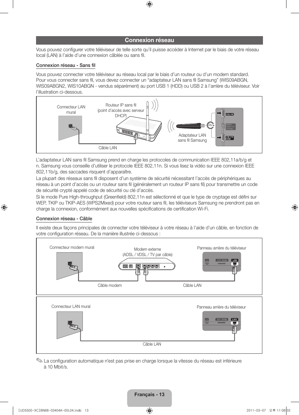 Connexion réseau | Samsung UE46D5500RW User Manual | Page 33 / 80