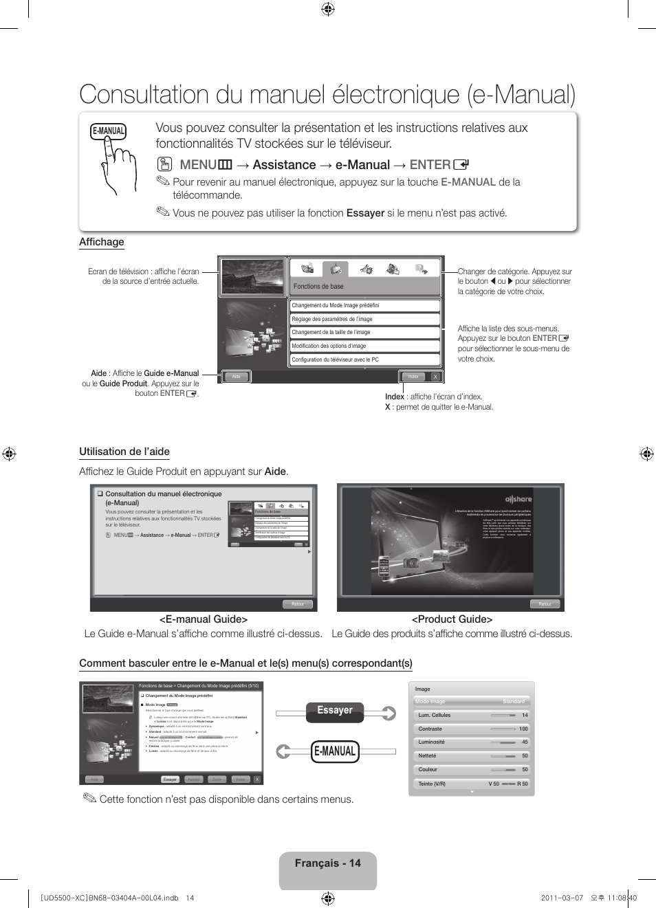 Consultation du manuel électronique (e-manual), Menu m → assistance → e-manual → enter e, Français - 14 | Essayer, E-manual | Samsung UE46D5500RW User Manual | Page 34 / 80