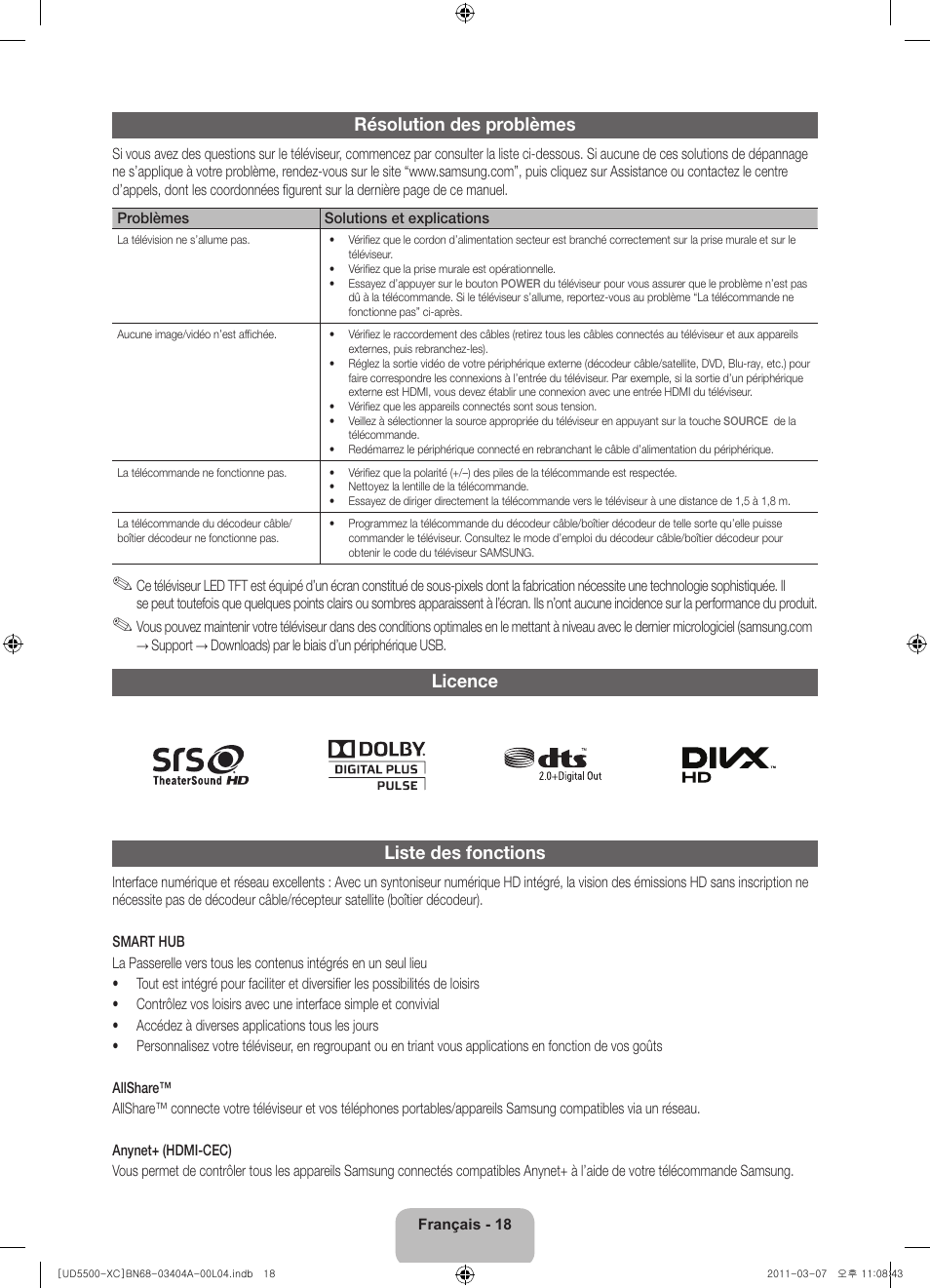 Résolution des problèmes, Licence liste des fonctions | Samsung UE46D5500RW User Manual | Page 38 / 80
