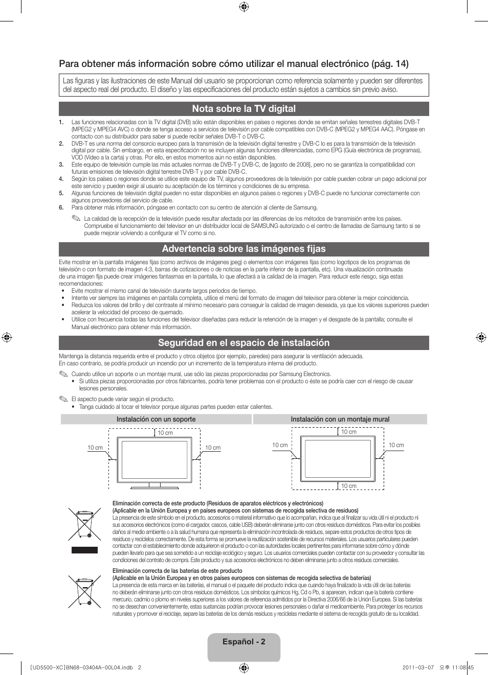 Nota sobre la tv digital, Advertencia sobre las imágenes fijas, Seguridad en el espacio de instalación | Samsung UE46D5500RW User Manual | Page 42 / 80