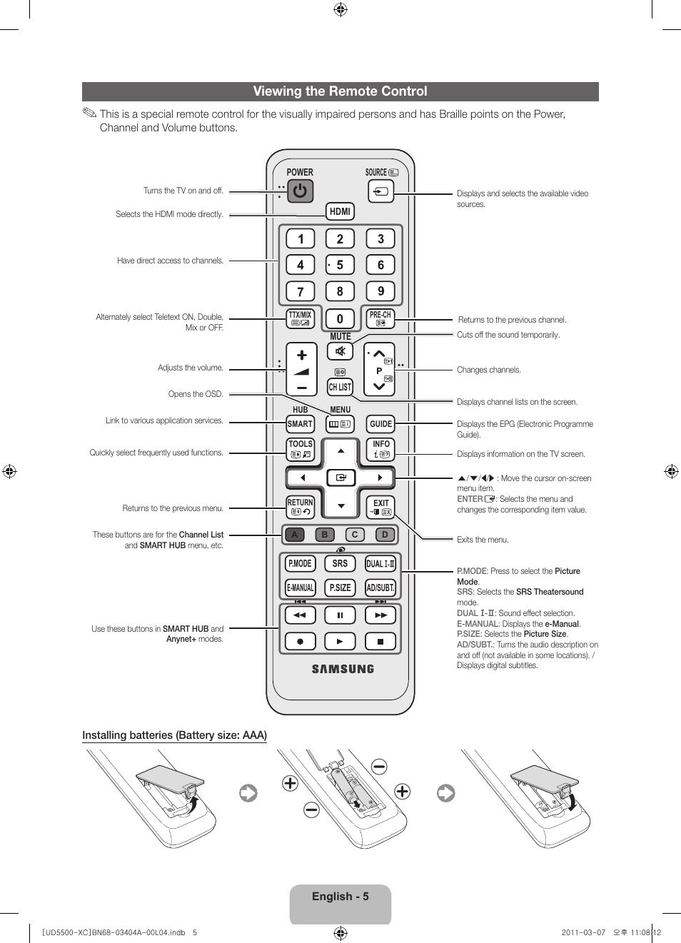 Viewing the remote control | Samsung UE46D5500RW User Manual | Page 5 / 80
