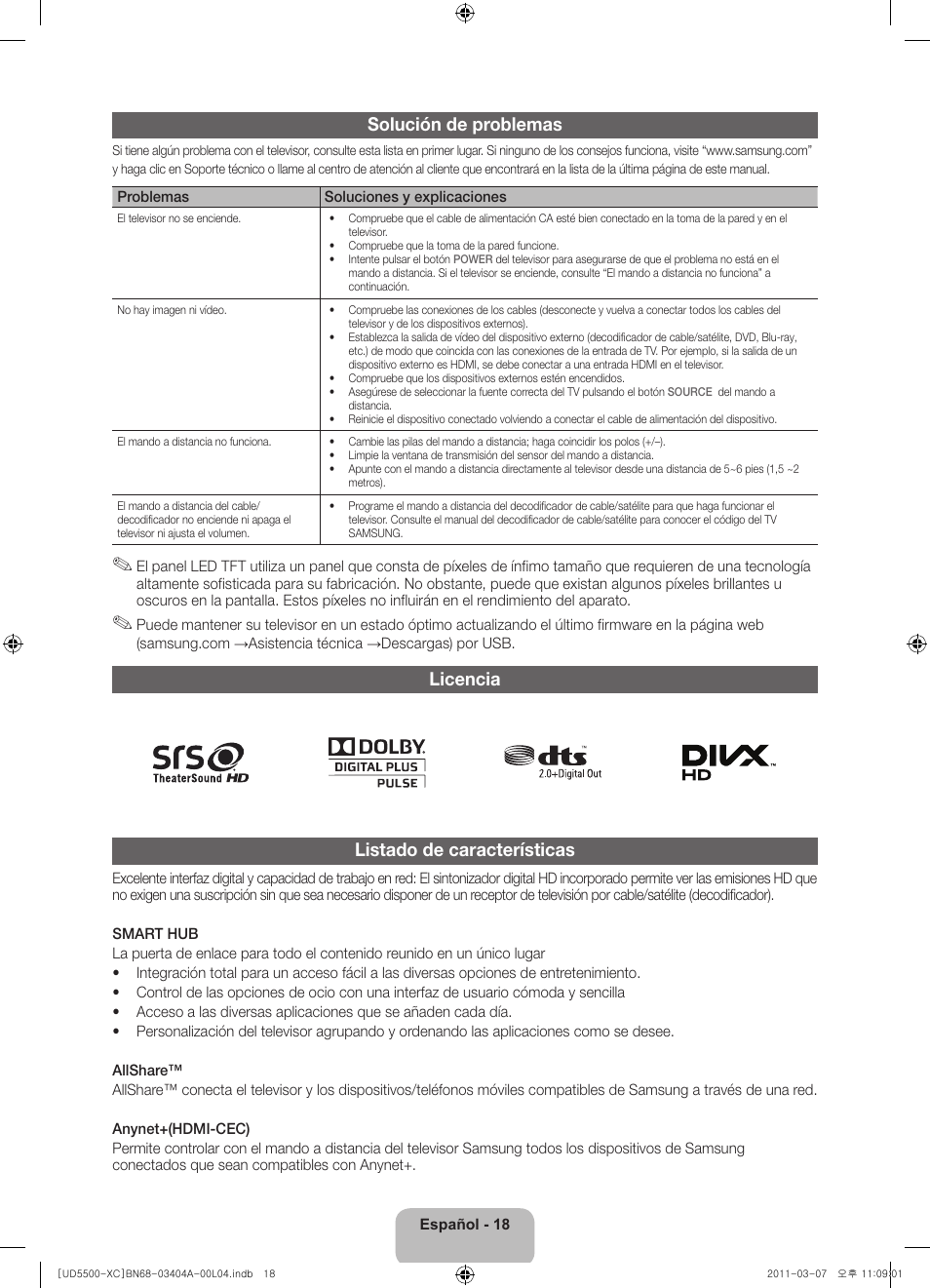 Solución de problemas, Licencia listado de características | Samsung UE46D5500RW User Manual | Page 58 / 80