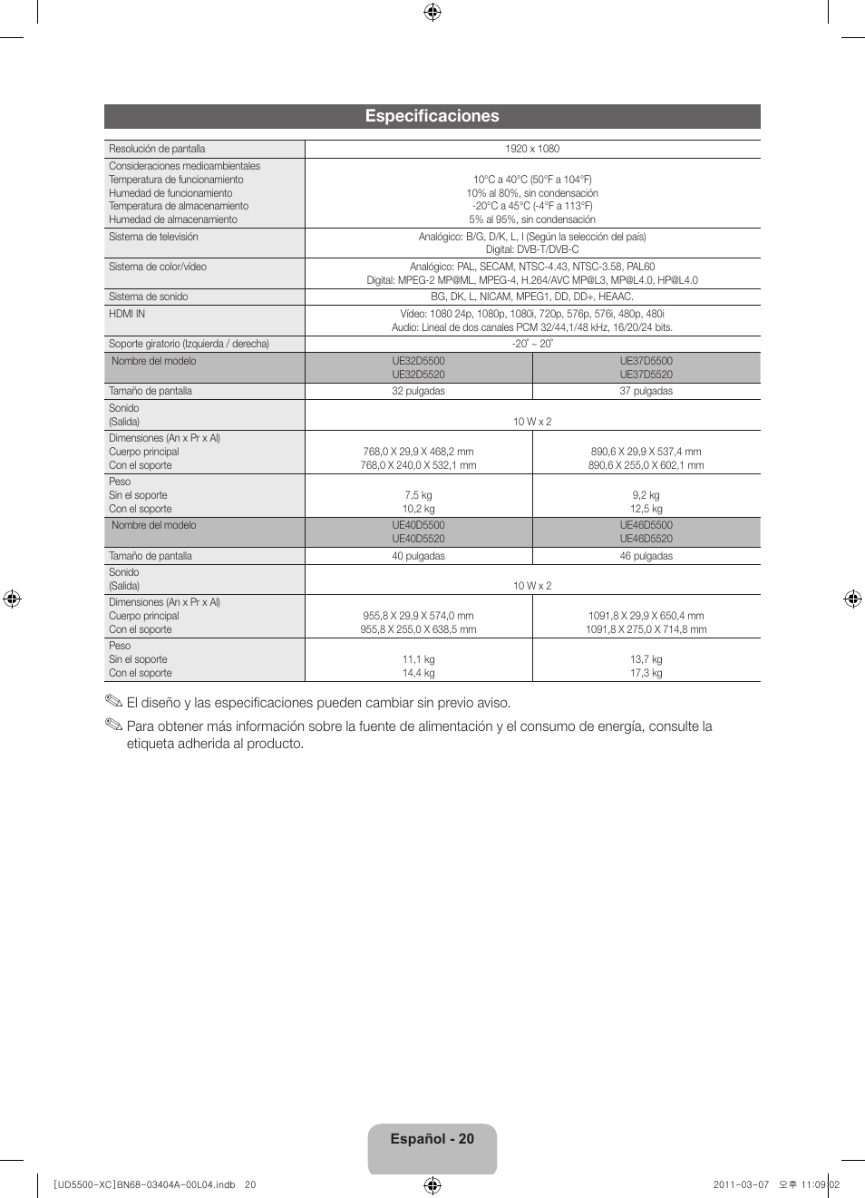 Especificaciones | Samsung UE46D5500RW User Manual | Page 60 / 80