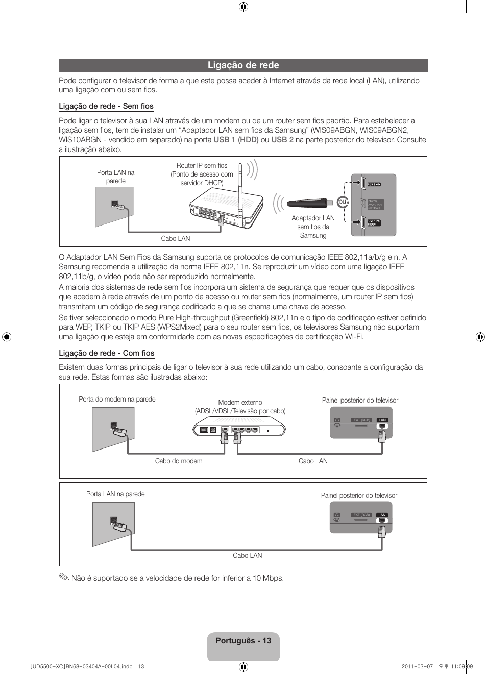 Ligação de rede | Samsung UE46D5500RW User Manual | Page 73 / 80