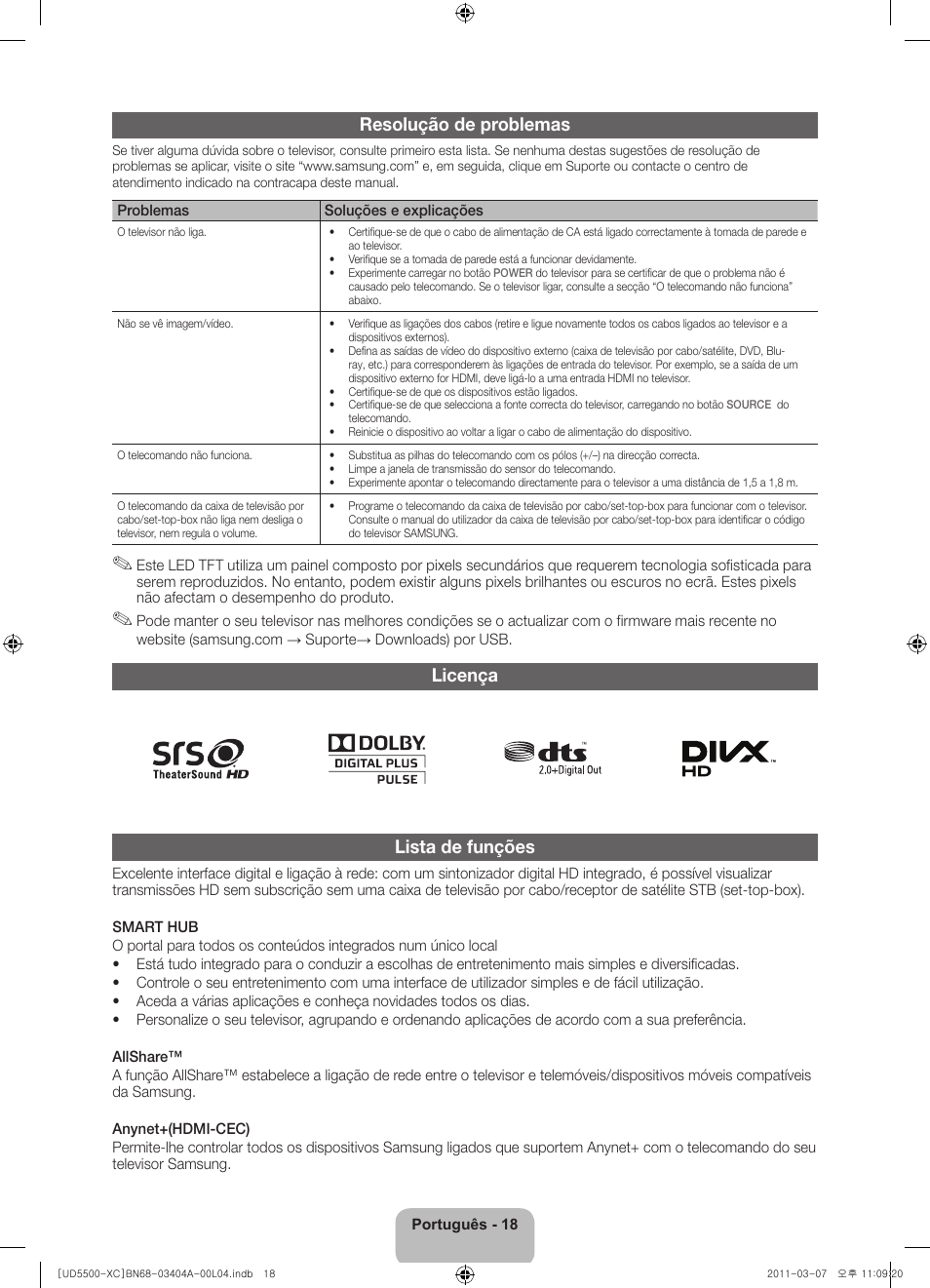 Resolução de problemas, Licença lista de funções | Samsung UE46D5500RW User Manual | Page 78 / 80