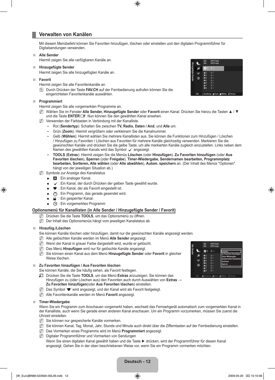 Verwalten von kanälen, Deutsch - 12 | Samsung LE46B620R3W User Manual | Page 106 / 422