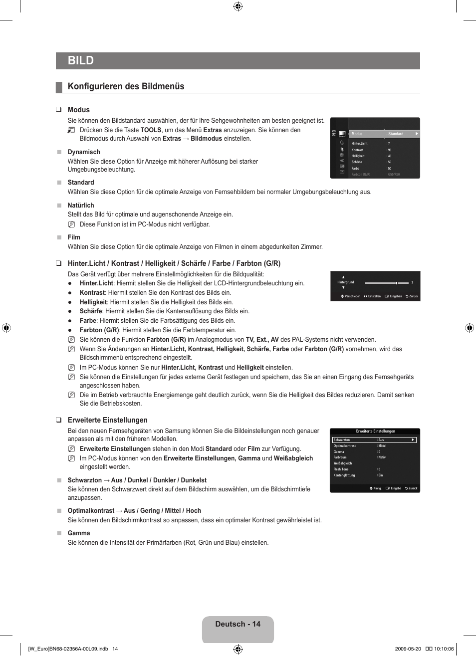 Bild, Konfigurieren des bildmenüs, Deutsch - 14 | Modus, Erweiterte einstellungen | Samsung LE46B620R3W User Manual | Page 108 / 422
