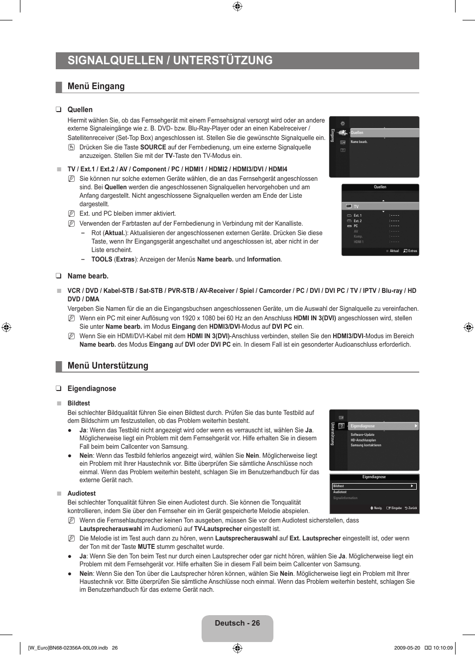 Signalquellen / unterstützung, Menü eingang, Menü unterstützung | Samsung LE46B620R3W User Manual | Page 120 / 422